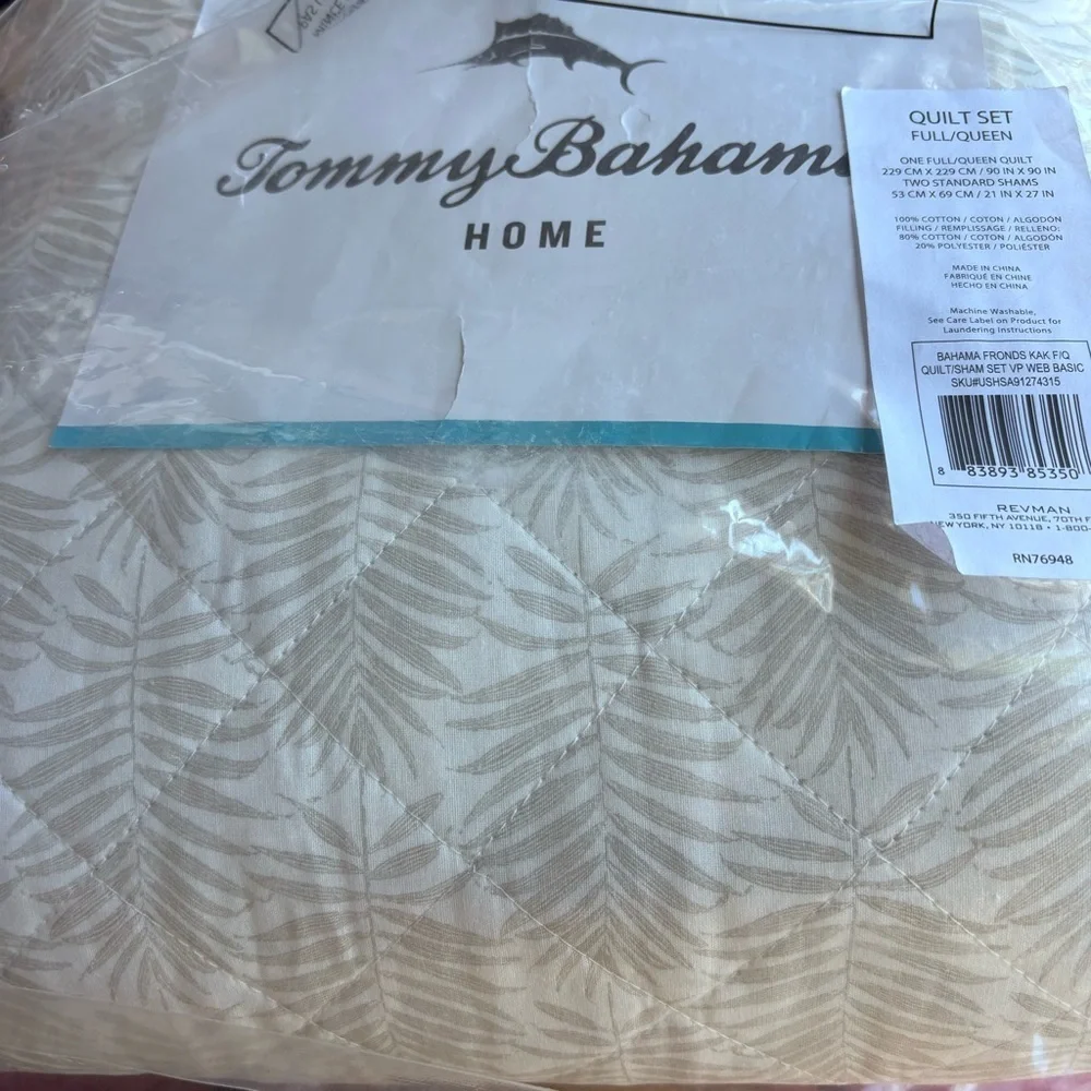 Tommy Bahama Queen Quilt Set, Reversible Cotton Set Shams,Frond Leaf Khaki,Queen